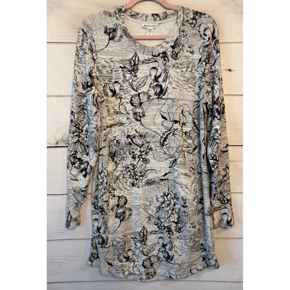 Athleta Balance Printed Dress Grey Black Floral Sketch Long Sleeve Mini Size M